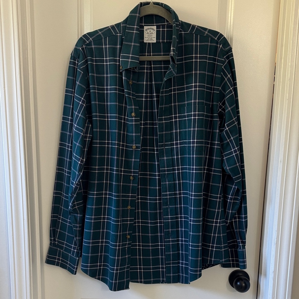 Brooks Brothers Men's Green and White Plaid Button Down Shirt